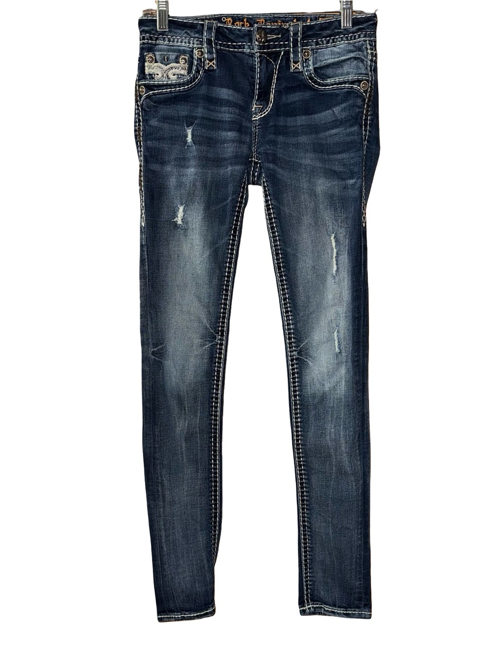 Rock Revival Pilkin Mid Rise Dark Blue Distressed Women's Skinny Jeans Sz 26